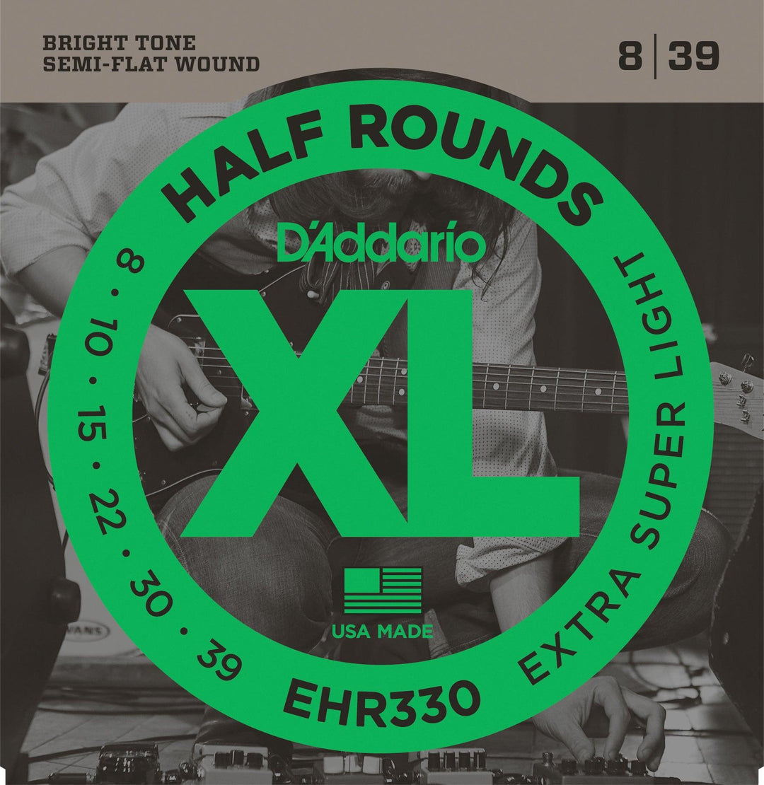 D'Addario XL Half Round Electric Guitar String Set, EHR330 Extra-Super Light .008-.039 - A Strings